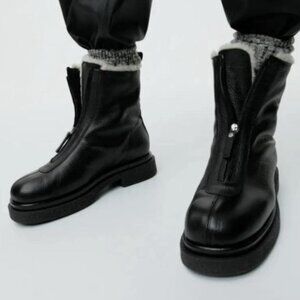 Arket Black Leather Fleece Lined Chunky Ankle Boots Eu40 Uk7 Zipped